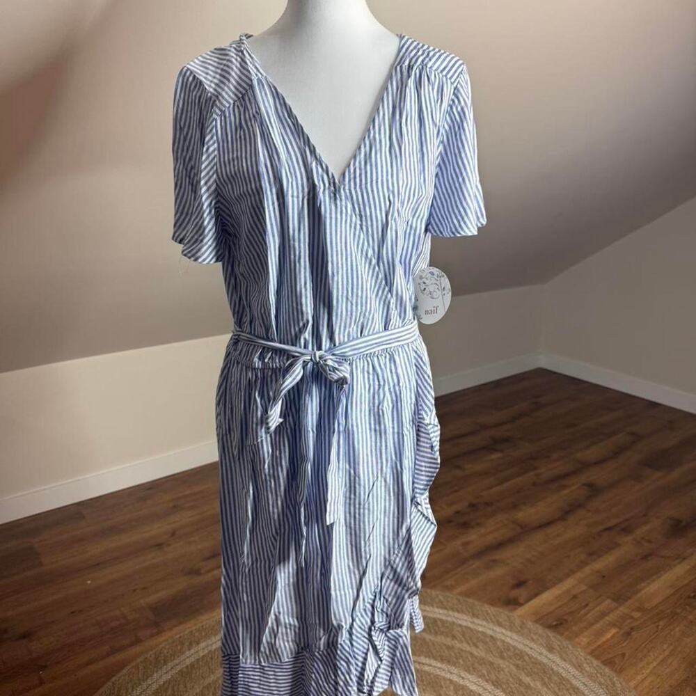 Naïf Blue & White Coastal Stripe Wrap Dress NWT Size L Beachy Cottagecore‎